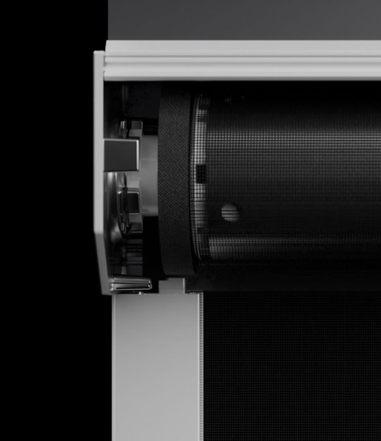 Black and white close-up of the retractable screen roller drum end, showing the motor assembly, mesh wound around the drum, and side channel bracket